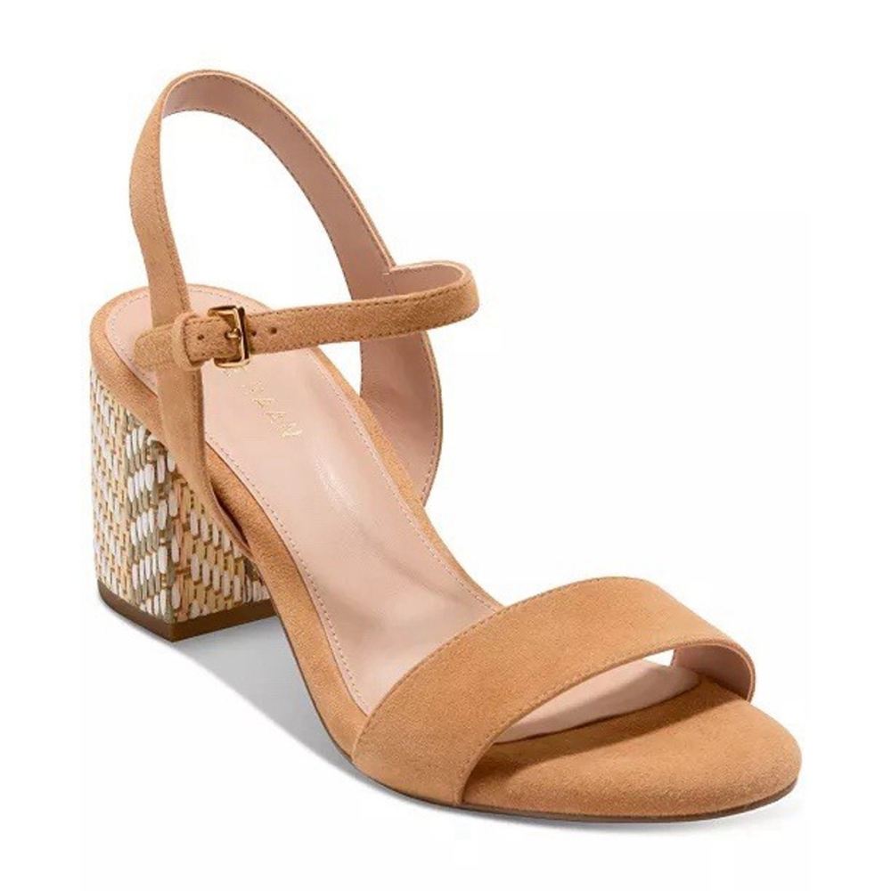 Cole Haan Sz 8.5 Tan Josie Block Heel Sandals Stripe Raffia Biscuit Leather NWT